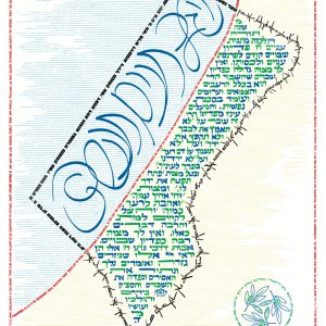 A map of Gaza made up of various styles of Hebrew text. Around the border of the piece is the English translation of the Hebrew. On the bottom right is my signature, in the form of olive branches. The text is in blue, green, red, and black.
