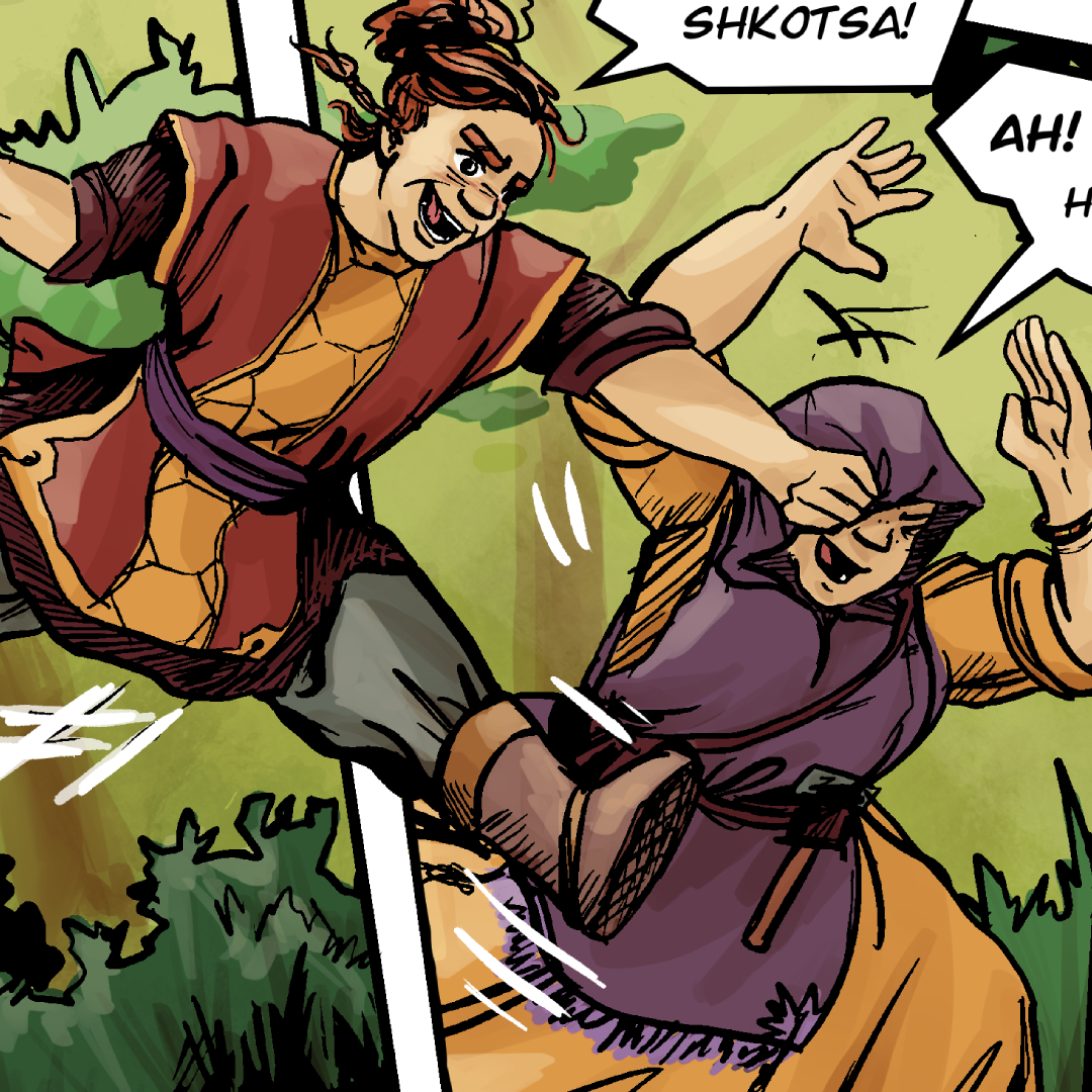 A young woman in a red and yellow tunic jumps at another young woman from behind in a yellow dress and purple cowl. She playfully shoves the hood of the cowl over the the woman's head as she flails.