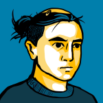 Stylized self portrait of Emily K with flat shapes and thick lines in yellows and blues.