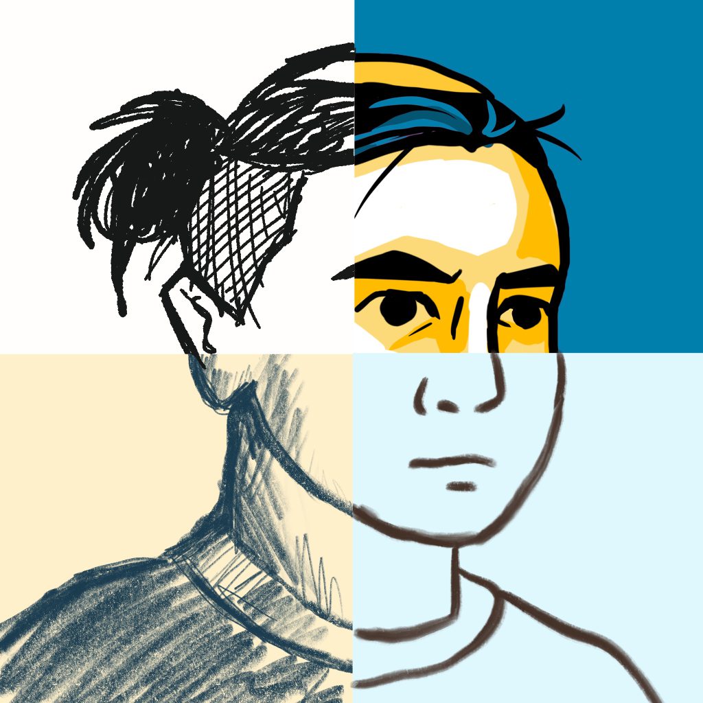 Self portrait, divided into four quarters. A woman with an undercut and short ponytail in a kippah. One quarter is a sketchy pen style, one is a blue and yellow flat style, one is a pencil style, and one is a simple brush stroke style.
