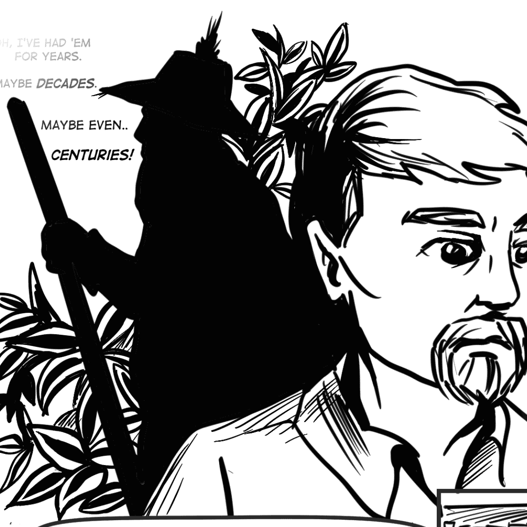 A young white man with short hair and a goatee stare into the distance. A shadow lurks behind him - a bearded man in a pointy hat with a staff. Vines of the Purple Queen plant grow around him.
