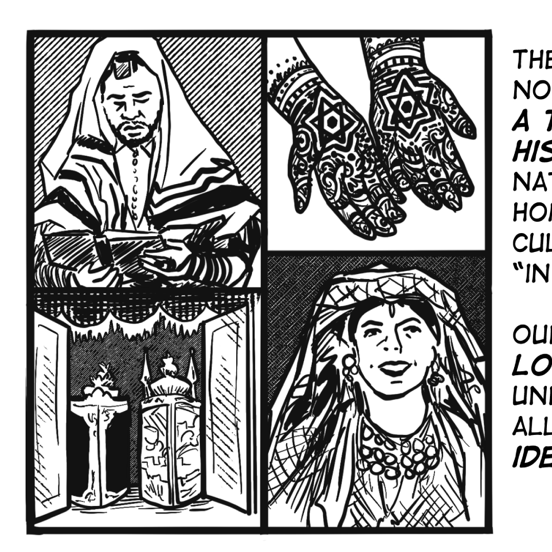 A square panel divided four ways. First section: a man in a prayer shawl prays with a book. Second: hands with henna designs on them. Third: two torah scrolls inside fancy cases in an open cabinet. Fourth: A beautiful woman in patterned drapery smiling at the camera.