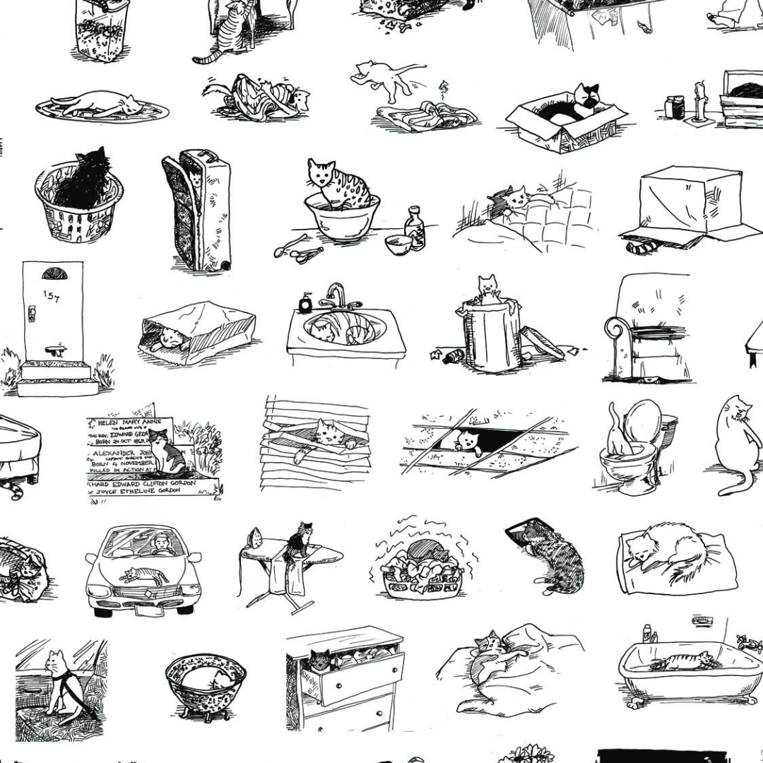 a montage of little cartoon drawings of cats in interesting places.