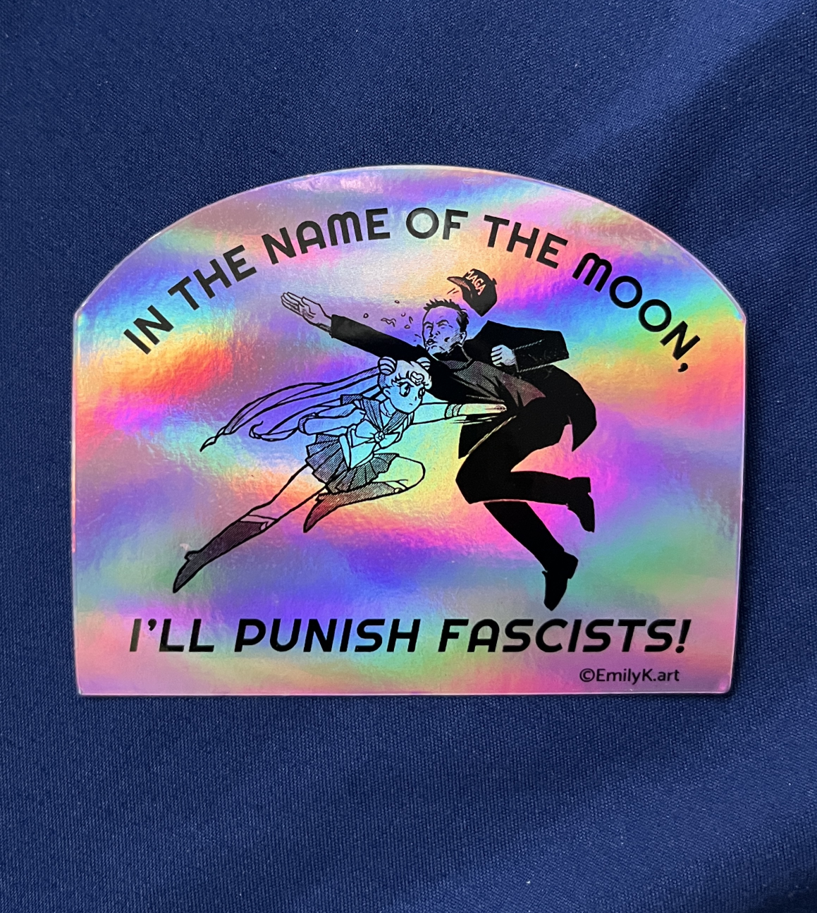 Sailor Moon Punching Fascist Elon Musk - Holographic 3" x 2.5" Sticker