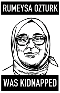 A high-contrast black and white illustration of a young woman looking directly at the viewer. She is wearing glasses and a hijab. Above and below her are two black bars with white lettering that says "Rumeysa Ozturk Was Kidnapped."