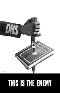 An army with a sleeve that says "DHS" on it graps a bayonet knife that stabs through a book. The book says "Constitution of the United States of America." On the blade of the knife is the word "ICE." At the bottom in white text on black, it says "This Is The Enemy."