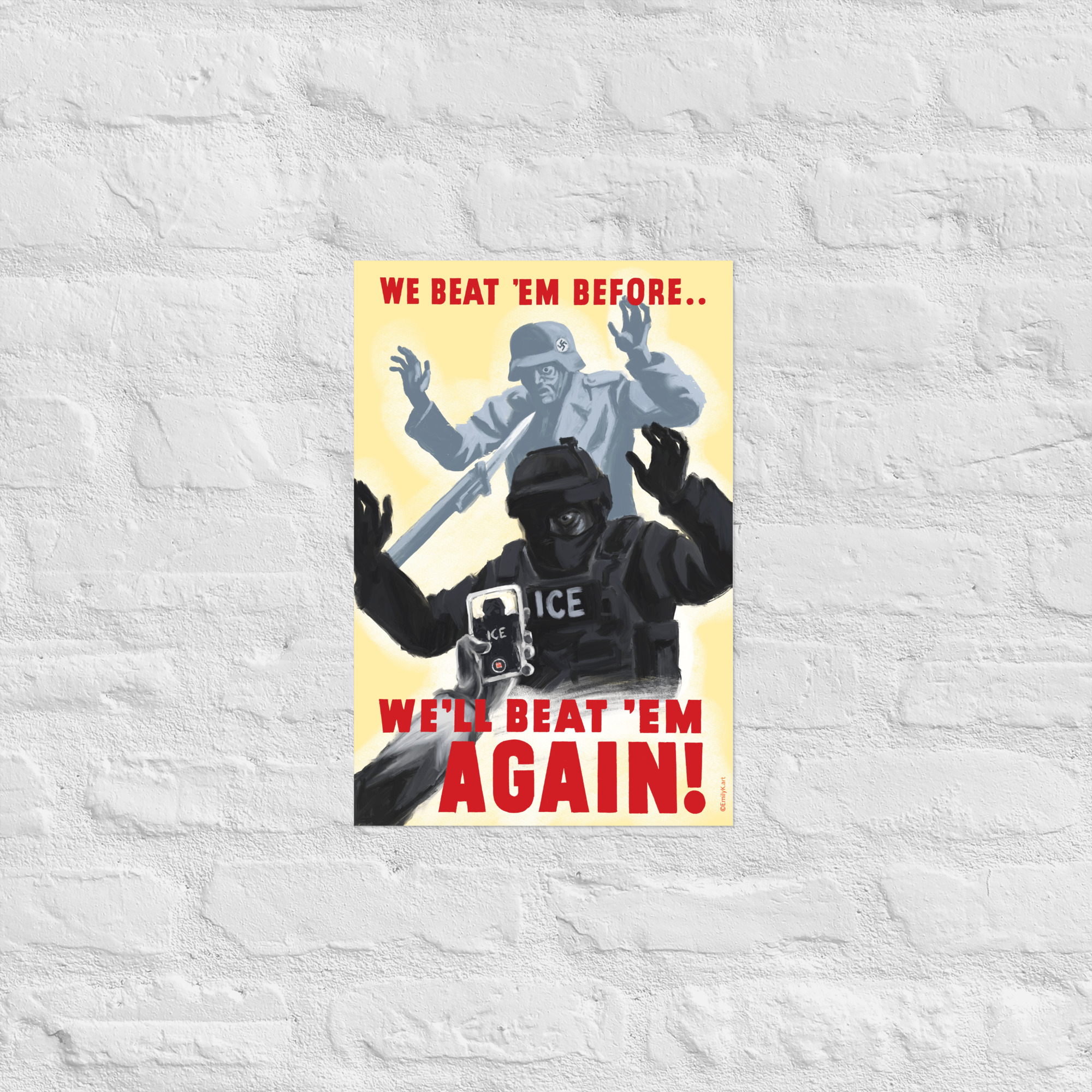 The print hanging on a light grey brick wall.