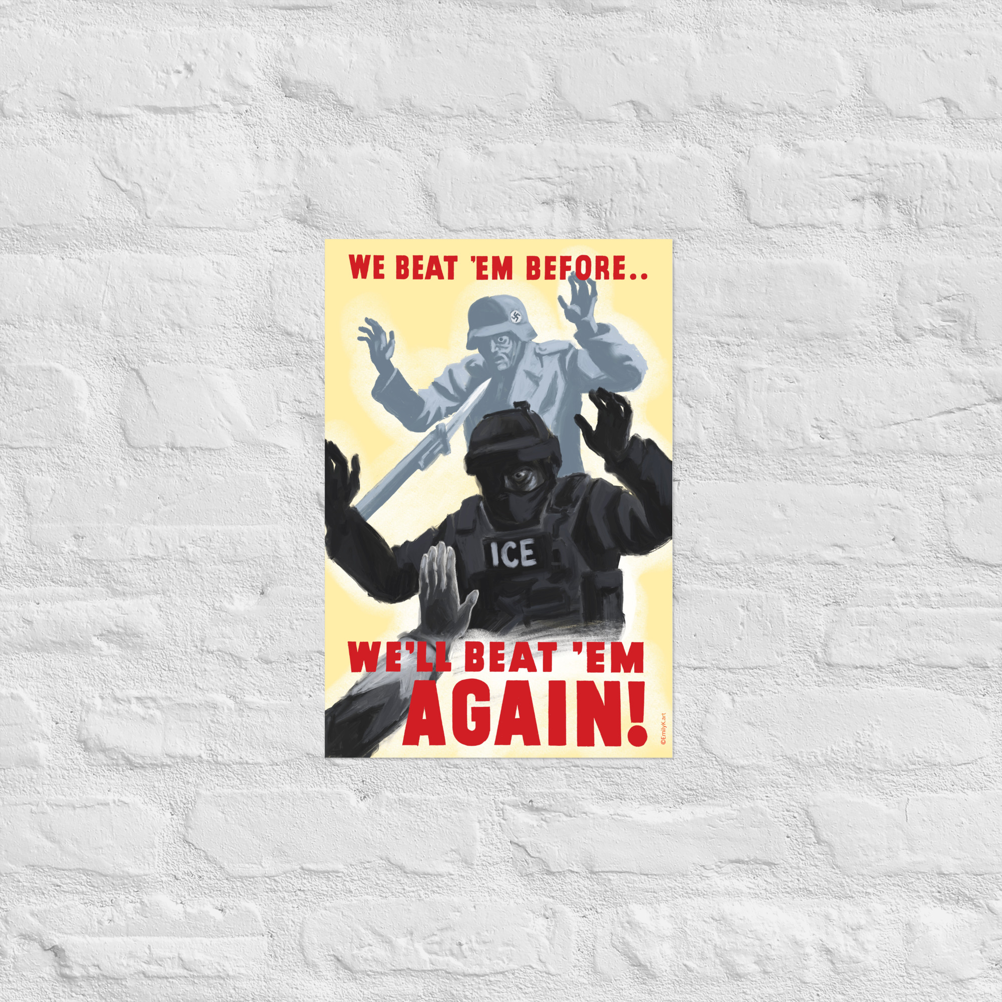 The print on a light grey brick wall.