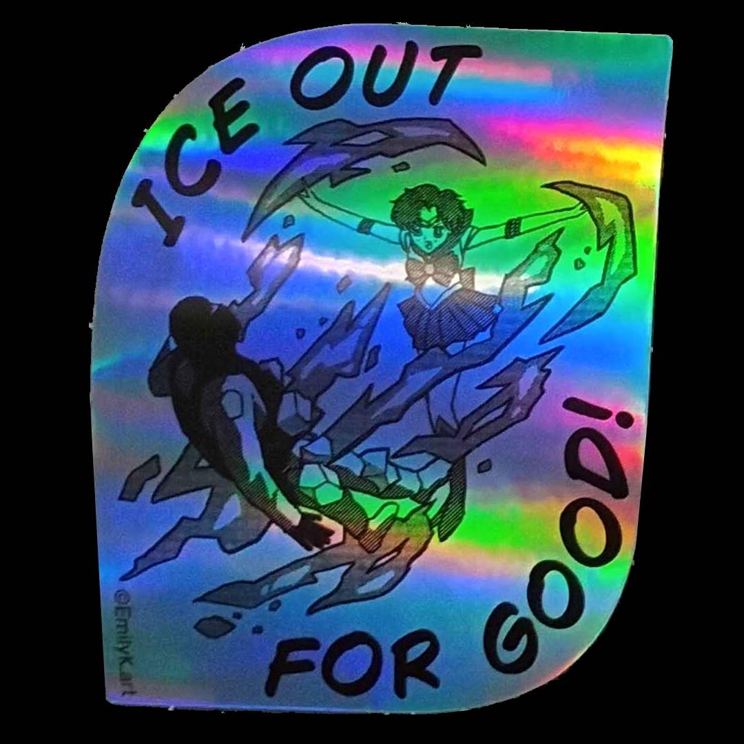 a shiny light blue sticker with a holographic sheen.