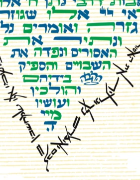 Close up of the blue and green Hebrew text that makes up the land of Gaza. Around it, stylized like barbed wire, is additional Hebrew text. Part of the sea blockade border can be seen, in block Hebrew. Red English text cuts through it.