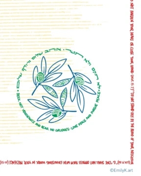 Closeup of the print, showing in greater detail my signature. It is made of olive branches and says "Seek not vengeance and bear no grudges - love peace and pursue peace," in Hebrew and English. It is in green and blue. Red text is around the edge: "Do not harden your heart or close your hand, do not stand idly by the blood of your neighbor, One shall not oppress them with exhausting work in your presence."