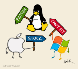 the three logos of major operating systems, Tux the penguin of Linux, the Apple from Apple, and the window from Windows, all pointing signs at one another. They say "Rotten, Stuck, and Can't Fly" respectively.